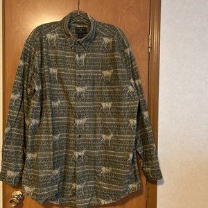 Mens WOOLRICH Sz XXL Green and Tan Pattern w/ Deer Long Sleeve Button Down Shirt